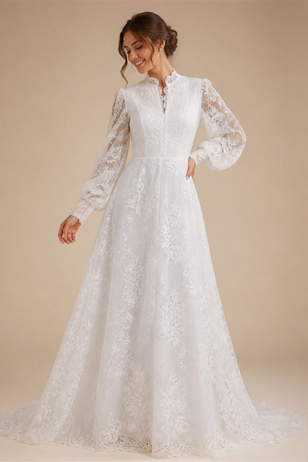 Luxury White A-Line Wedding Dress with Lace Embroidery and Overskirt ZP167