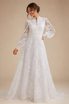 Luxury White A-Line Wedding Dress with Lace Embroidery and Overskirt ZP167