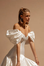 Romantic White Satin Off-the-Shoulder Puff Sleeve Ball Gown Wedding Dress ZP113