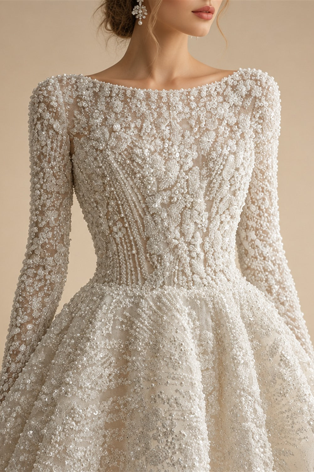 Luxury Sequin Pearl Long Sleeve Ball Gown Wedding Dress ZP186