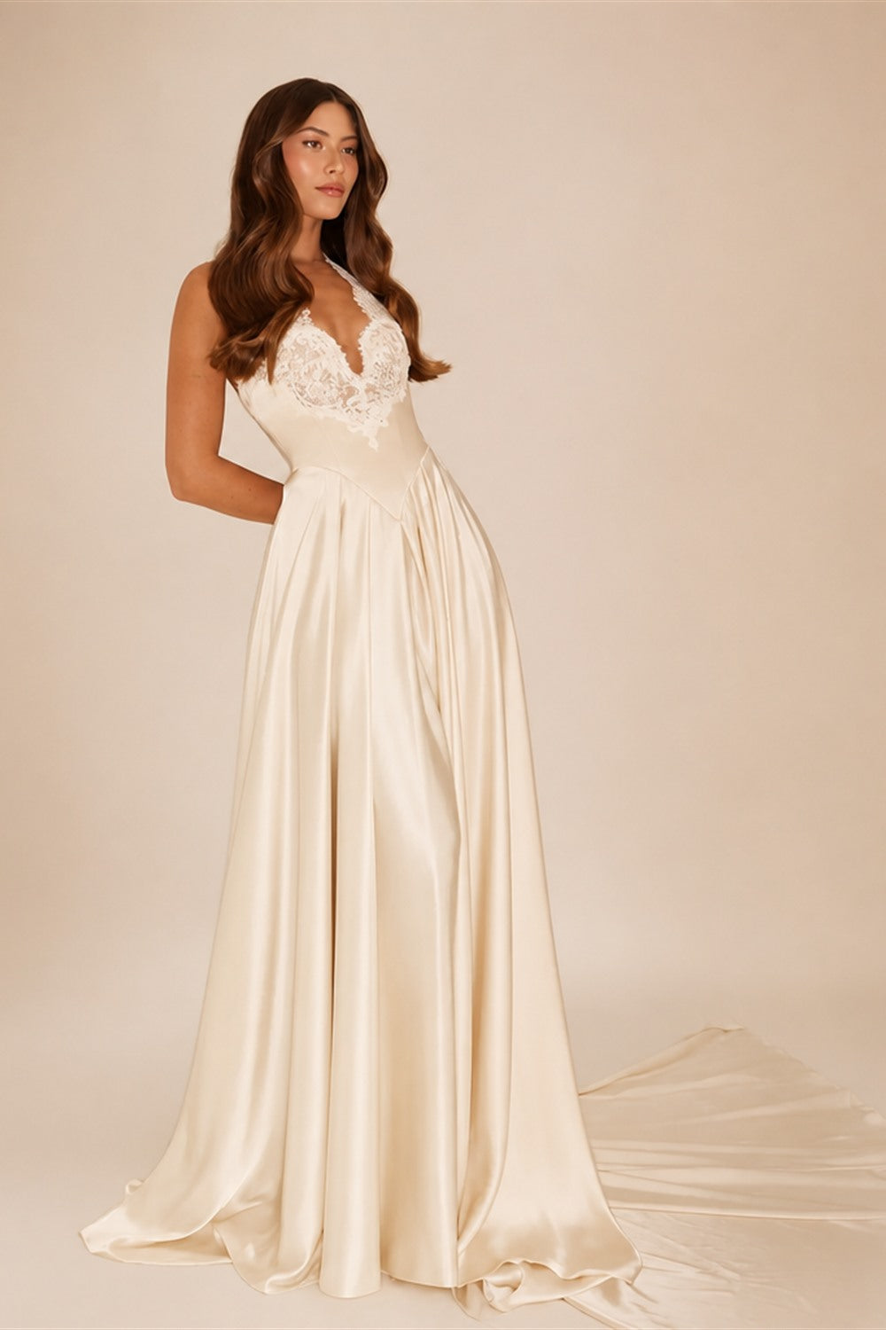 Luxury Spaghetti Strap V-Neck Lace Satin A-Line Wedding Dress with Veil ZP040