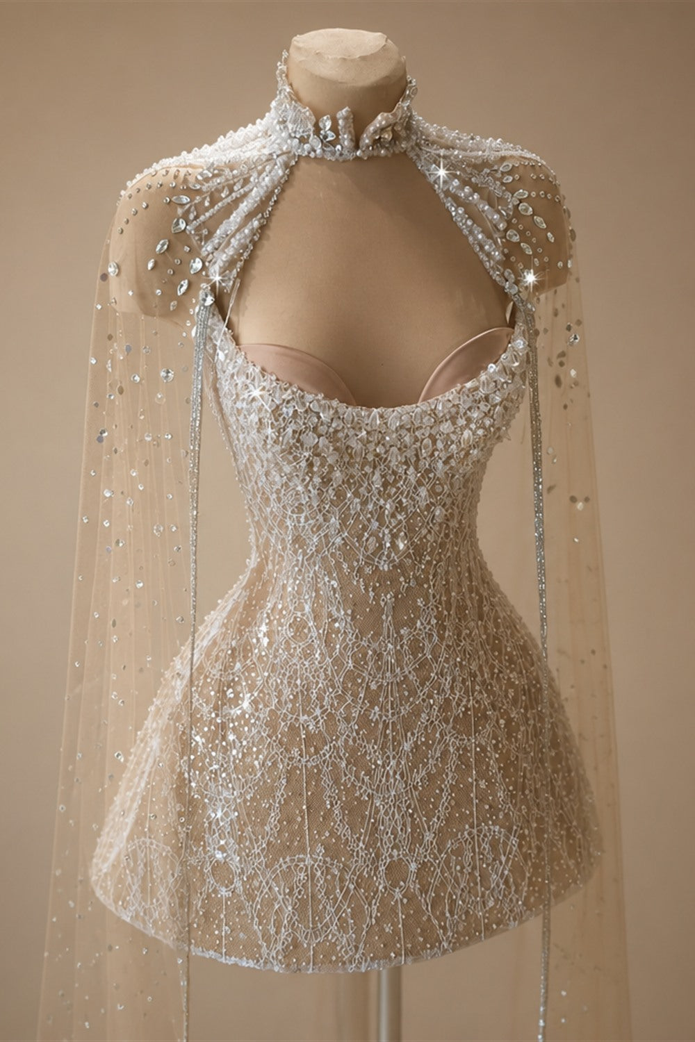 Luxury Beaded Halter Mini Wedding Dress  with Cape ZP021