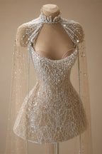 Luxury Beaded Halter Mini Wedding Dress  with Cape ZP021