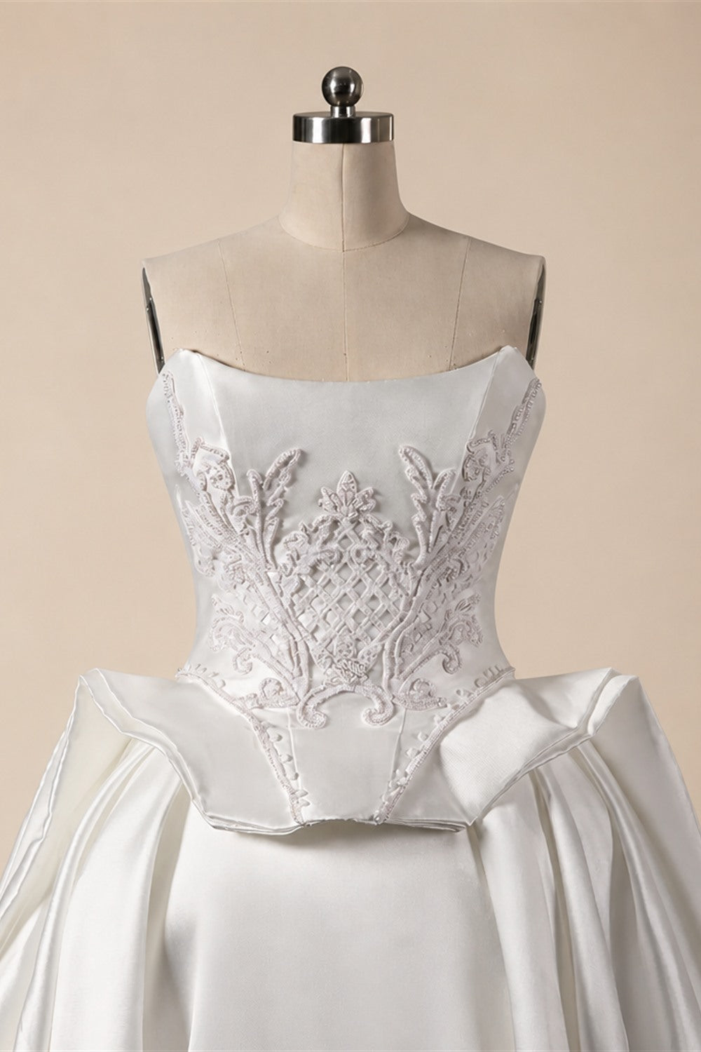 Luxury White Satin Strapless Beaded Ball Gown Train Wedding Dress ZP152