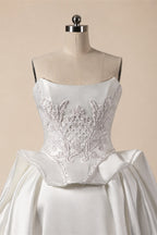 Luxury White Satin Strapless Beaded Ball Gown Train Wedding Dress ZP152