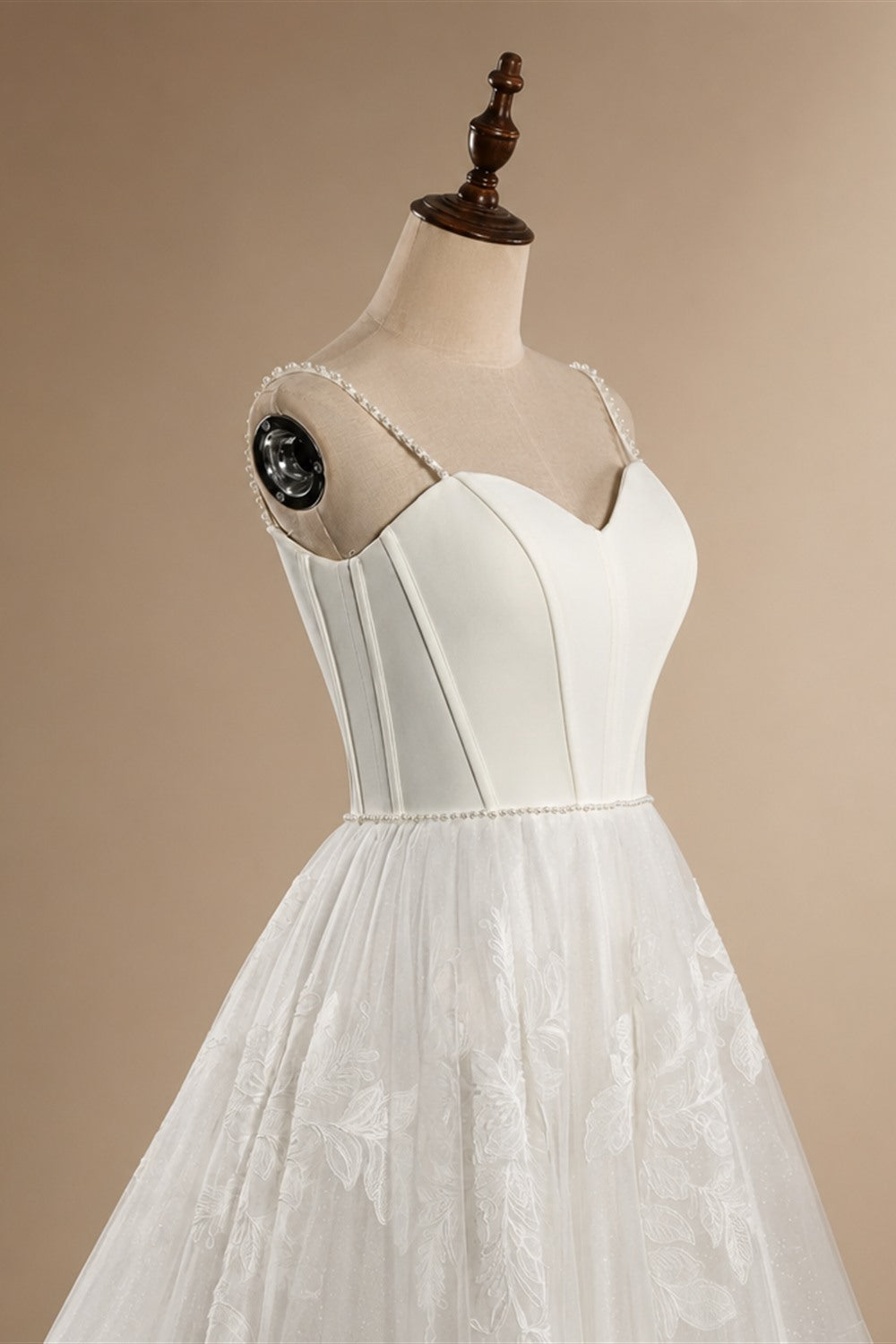 Elegant White Spaghetti Strap Satin Bodice Lace Tulle Wedding Dress with Train ZP065