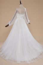 Elegant White Long Sheer Sleeve A-Line Tulle Wedding Dress with Lace Appliqués ZP057