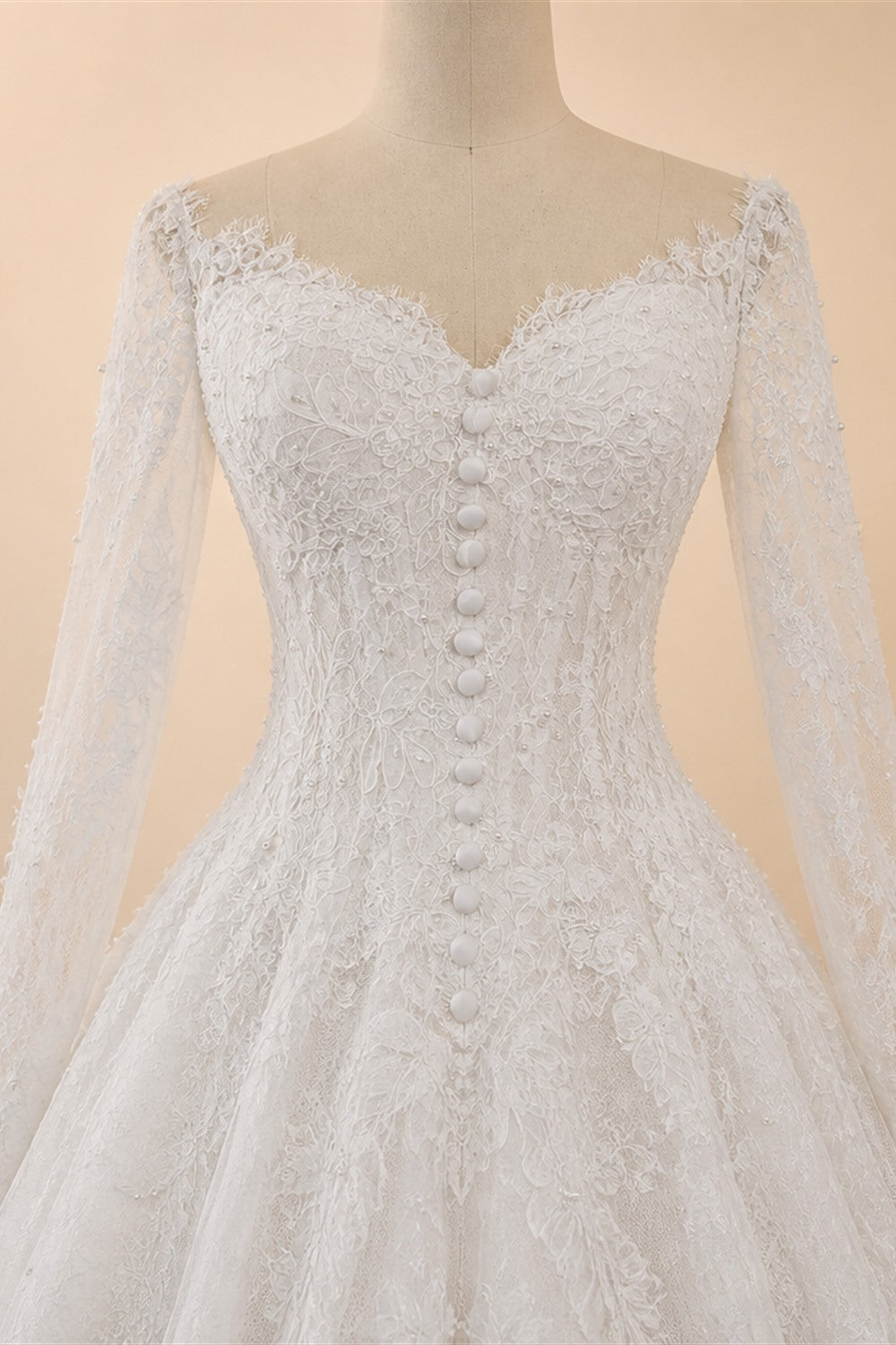White Floral Lace Ball Gown Wedding Dress with Sweetheart Neckline and Detachable Long Sleeves ZP015