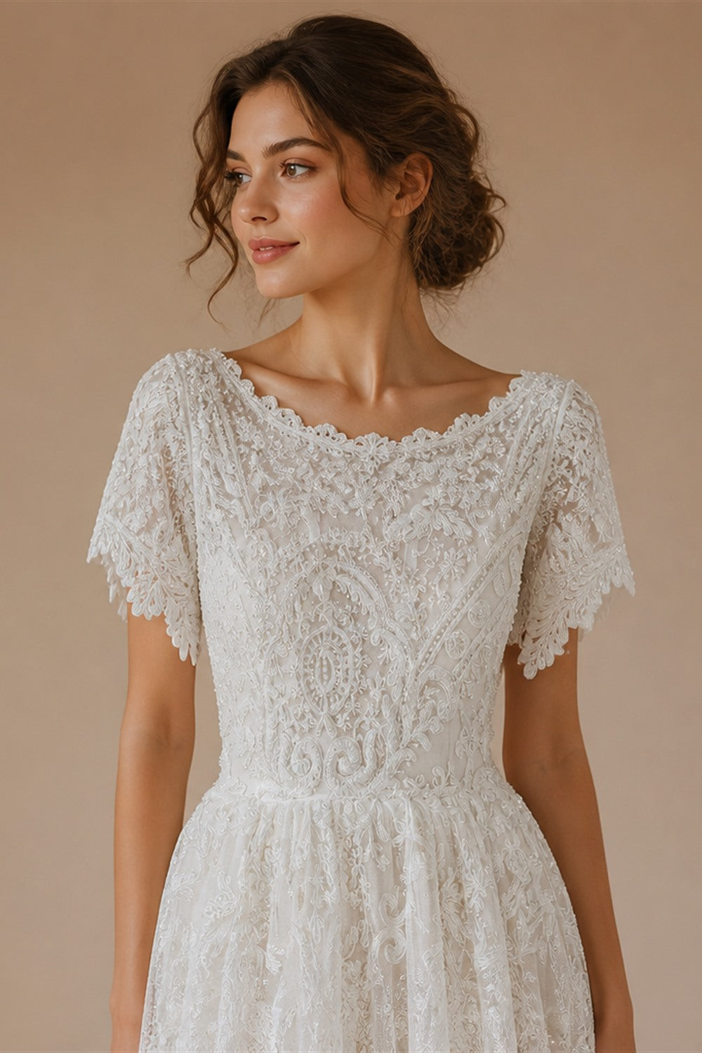 Off White Elegant Lace Pearl Embroidery Ball Gown Wedding Dress ZP168