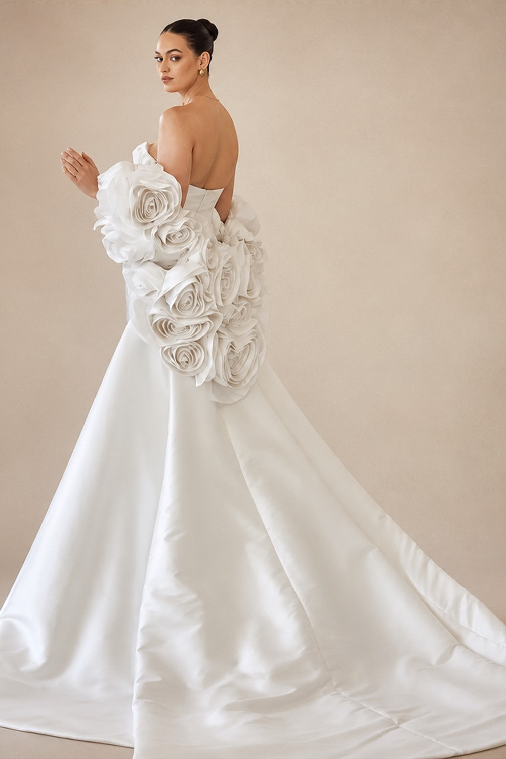 Ivory  Satin Mermaid Wedding Dress 3D Giant Rose Floral With Veil  ZP034