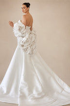 Ivory  Satin Mermaid Wedding Dress 3D Giant Rose Floral With Veil  ZP034