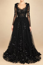 Black Luxury Gothic Wedding Dress 3D Floral Lace Tulle Sweep Train ZP026