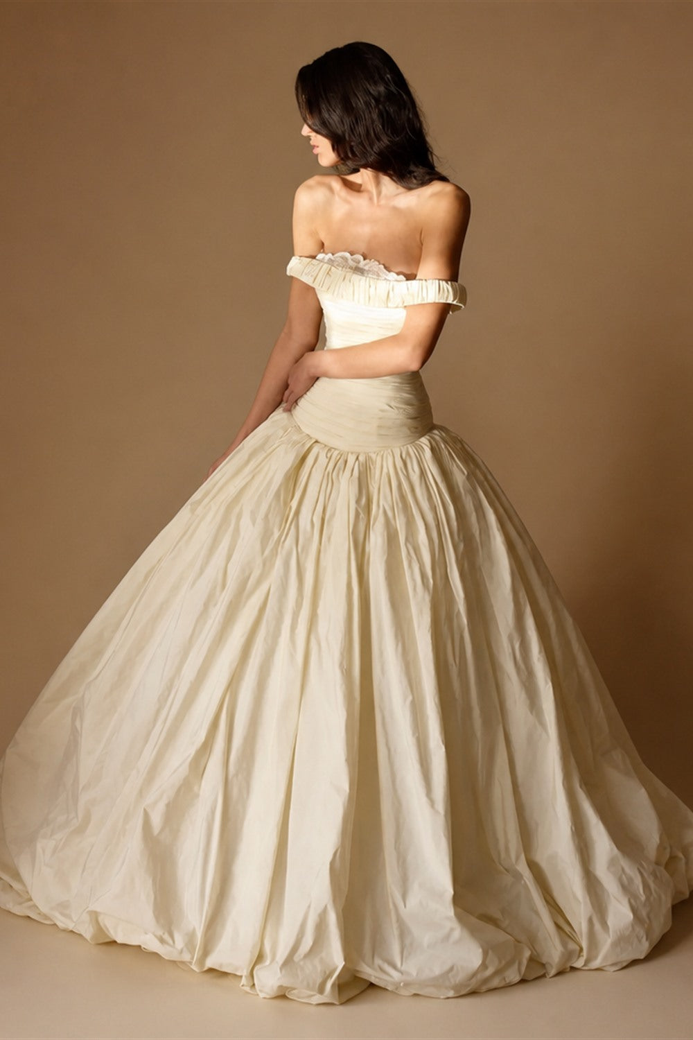 Elegant Ivory Strapless Ruched Satin Ball Gown Wedding Dress ZP070
