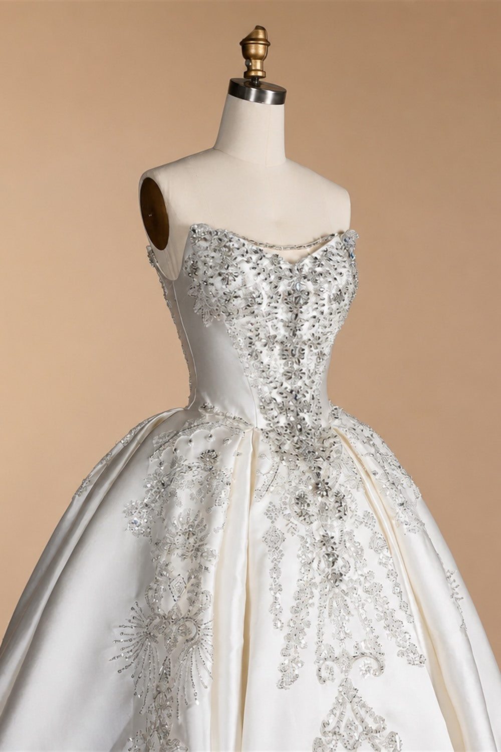 White Satin Strapless Ball Gown Wedding Dress with Luxurious Beaded Lace and Cathedral Train ZP016