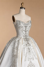 White Satin Strapless Ball Gown Wedding Dress with Luxurious Beaded Lace and Cathedral Train ZP016