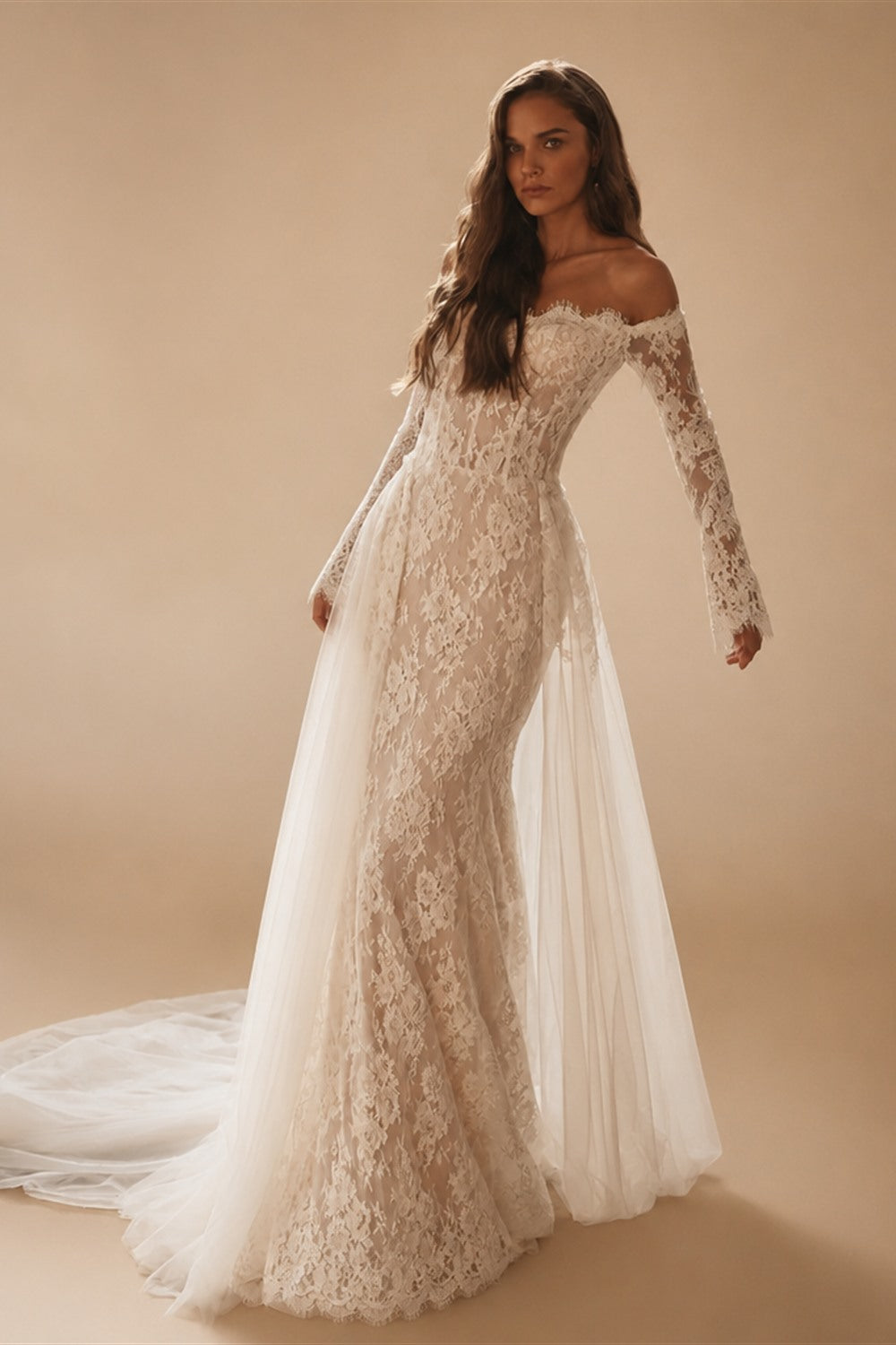 Romantic Ivory Off-the-Shoulder Lace Mermaid Wedding Dress with Tulle Overlay ZP132