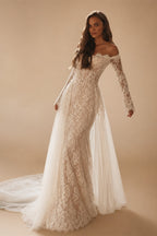 Romantic Ivory Off-the-Shoulder Lace Mermaid Wedding Dress with Tulle Overlay ZP132