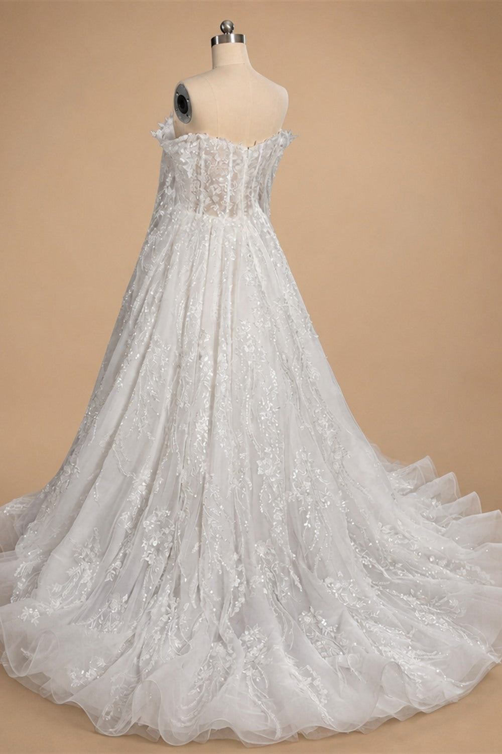 Luxury White Off-the-Shoulder Long Sleeve Lace Tulle Ball Gown Wedding Dress ZP068