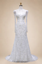Elegant Printed Crystal Sheer Lace Mermaid Wedding Dress ZP169