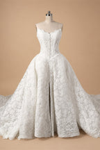 White Floral Lace Strapless Bridal Gown Sweetheart Neckline Front Button Ball Gown ZP011