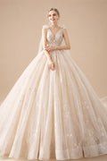 Supper Gorgeous Shiny Crystal Lace Ball Gown Wedding Dress Wih Chapel Train V-neck Bow Shoulder Princess Bridal Dresses