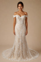 Opulent Ivory Off-the-Shoulder Beaded Lace Tulle Ball Gown Wedding Dress ZP127
