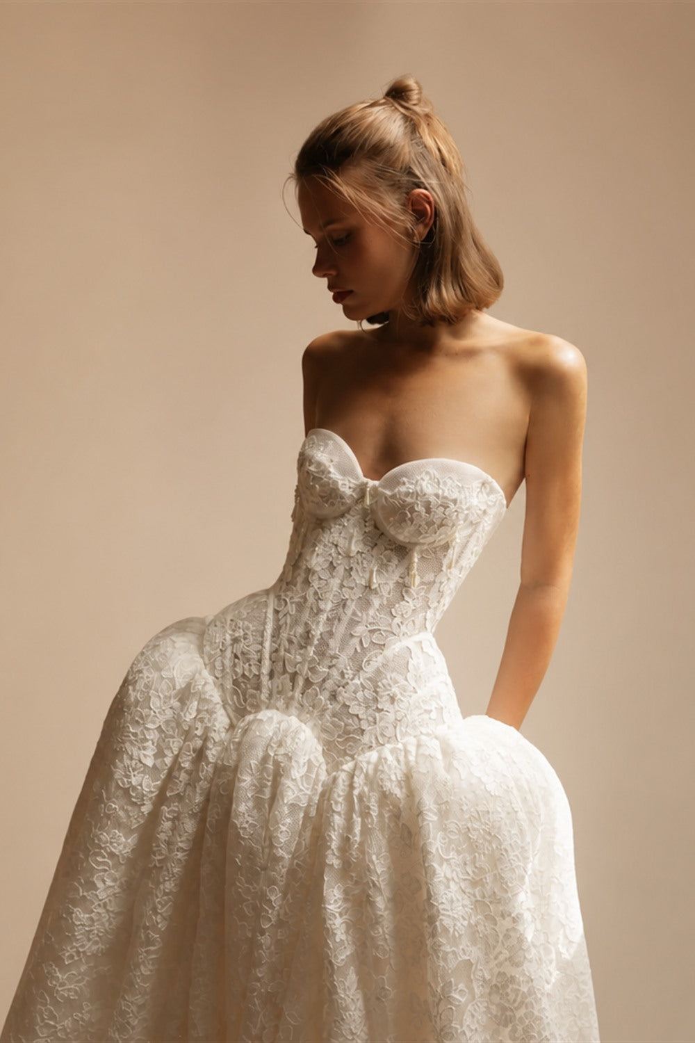 Bohemian Ivory Lace Strapless Ball Gown Wedding Dress ZP112
