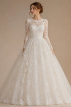 White Lace and Tulle Ball Gown Wedding Dress Off the Shoulder Beaded Bridal Dress ZP013