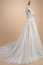 Elegant Ivory V-Neck Cap Sleeve A-Line Lace Tulle Wedding Dress ZP055