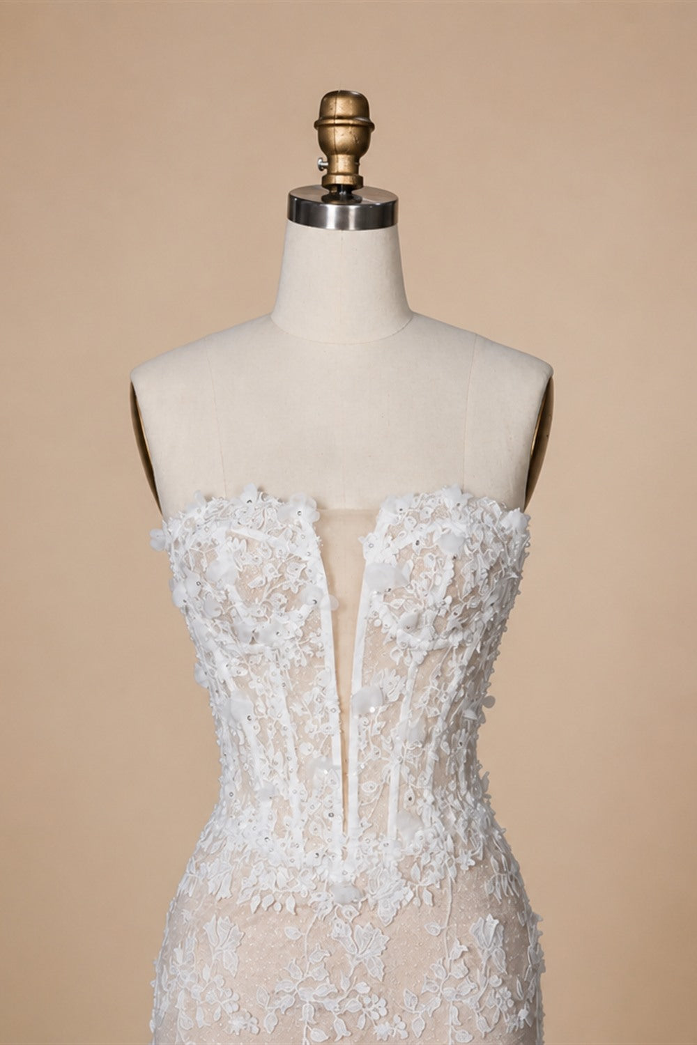 White Nude Lace Fairytale  Mermaid Wedding Dress 3D Floral  Train  ZP037