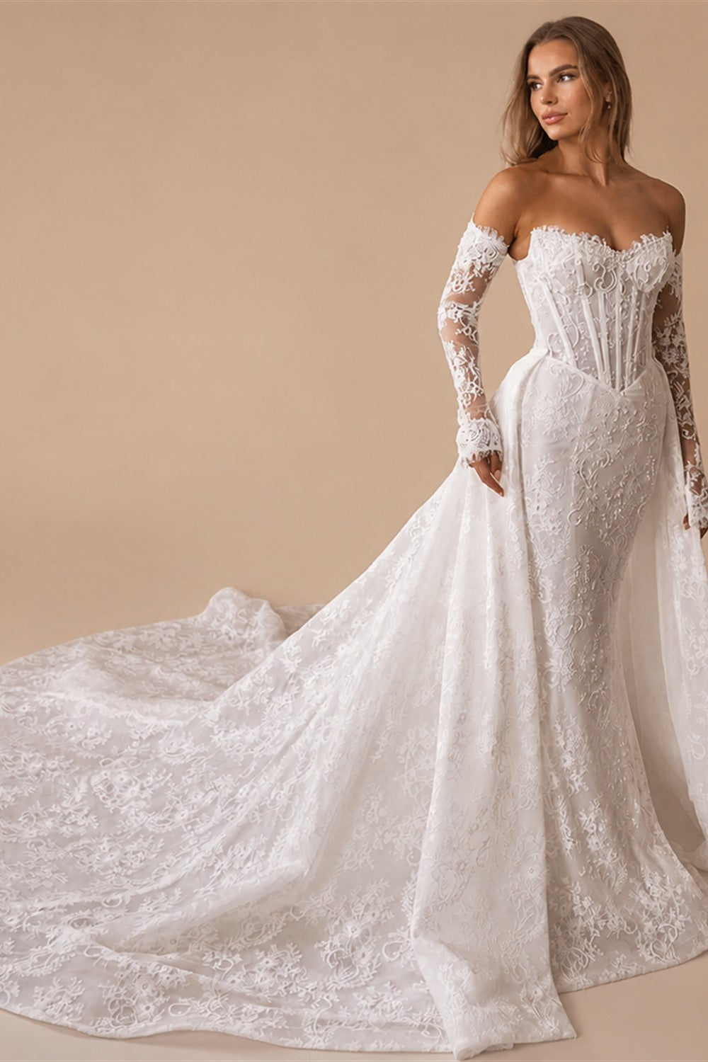 Alonlivn Customize Made Beauty Lace Fitted Beaded 2 In 1 Mermaid Wedding Gowns Trumpet Removable Train Bridal Gowns