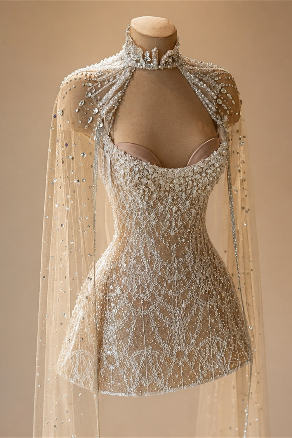 Luxury Beaded Halter Mini Wedding Dress  with Cape ZP021