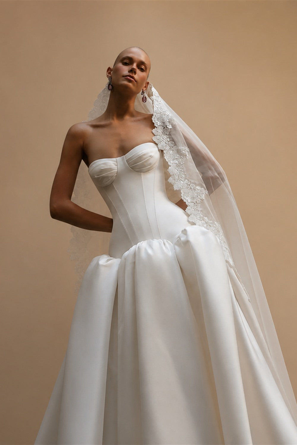 Classic White Satin Strapless Ball Gown Wedding Dress with Veil ZP114