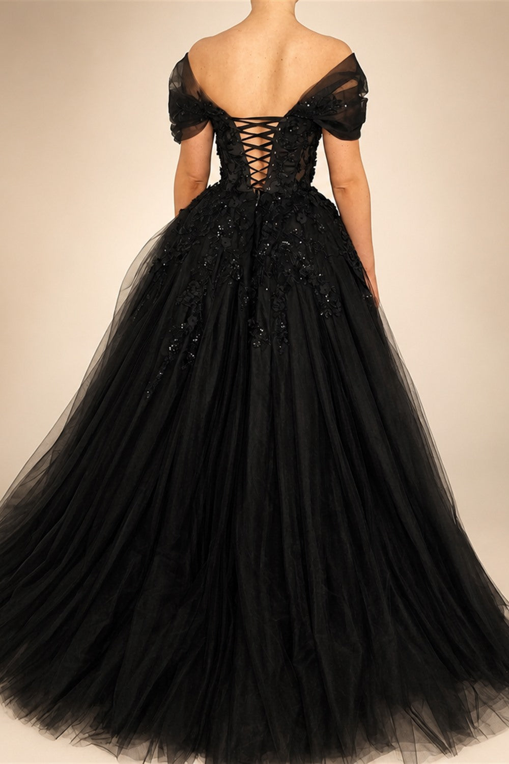 Black Luxury Gothic Wedding Dress  Sheer Corset 3D Floral Tulle  ZP027