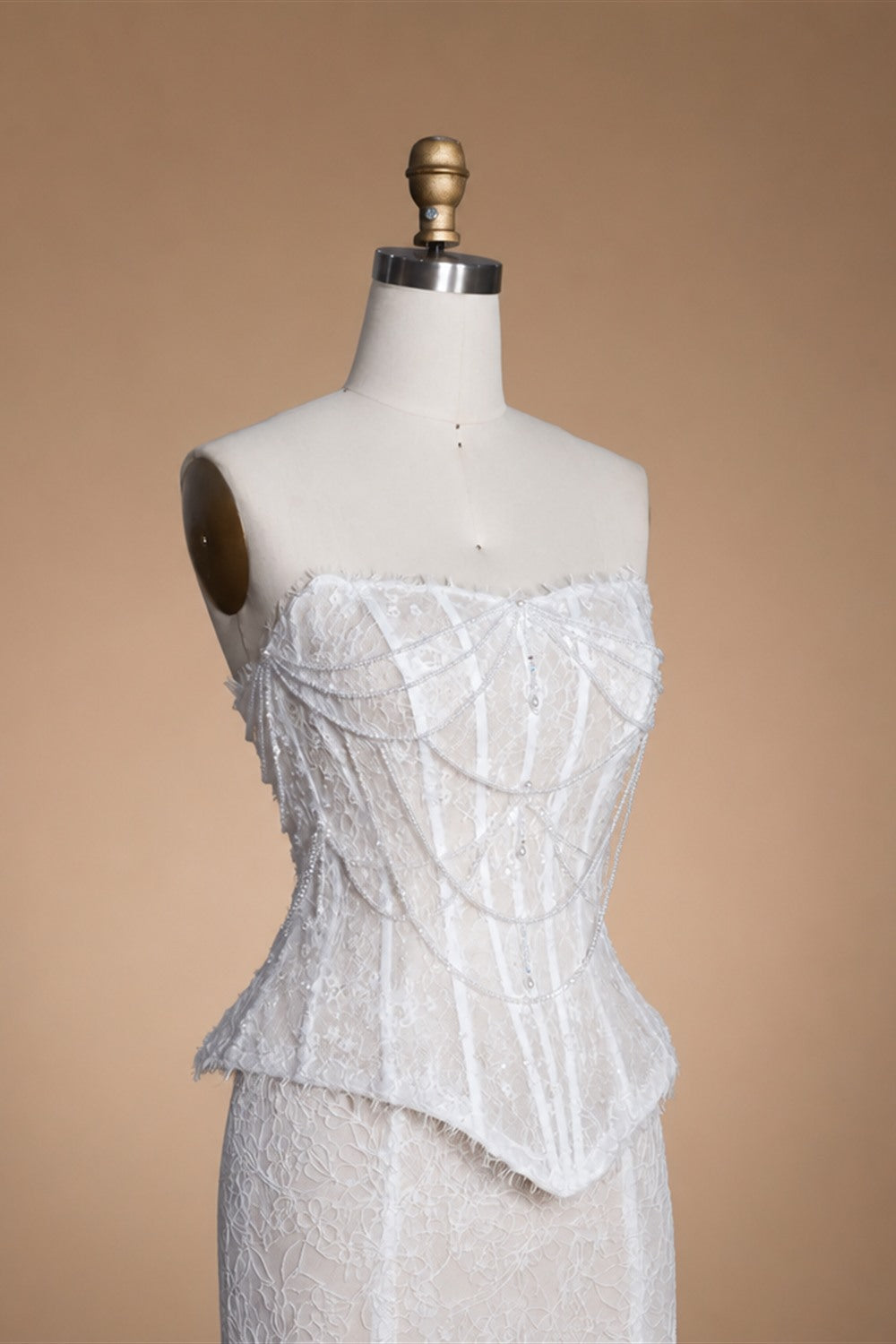 White Nude  Mermaid Wedding Dress Beaded Chain Detailing With Lace Train  ZP039