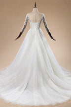 Glamorous White Illusion Neck Lace & Tulle Wedding Dress with Cathedral Train ZP063