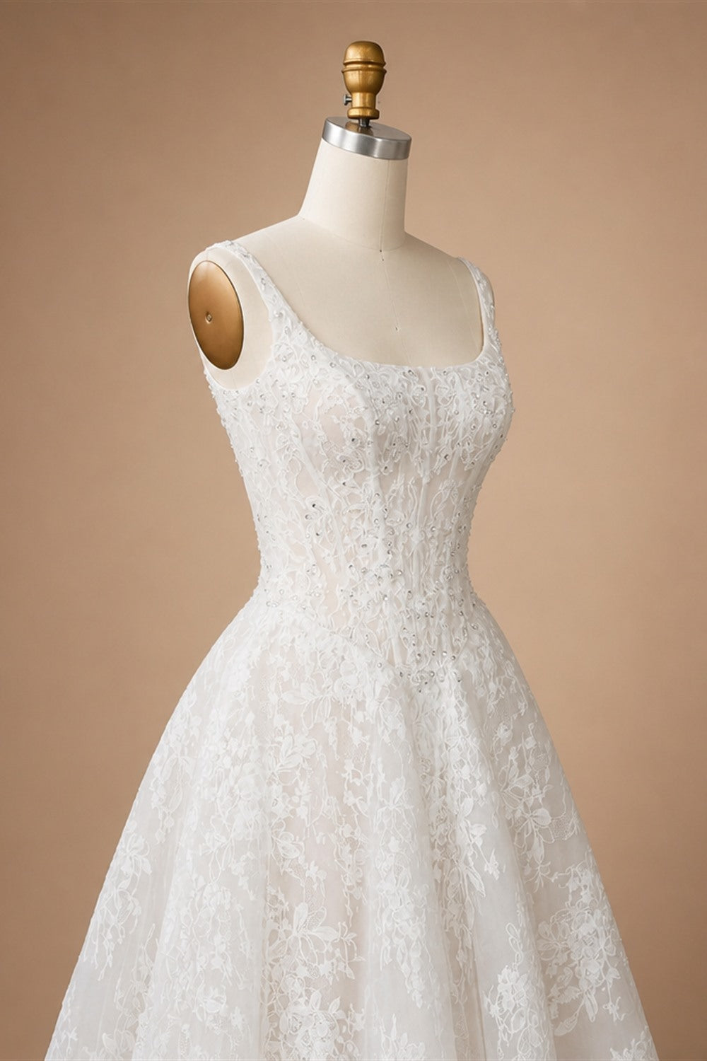 White Lace Spaghetti Strap Bridal Gown Square Neck Beaded Corset Ball Gown ZP012