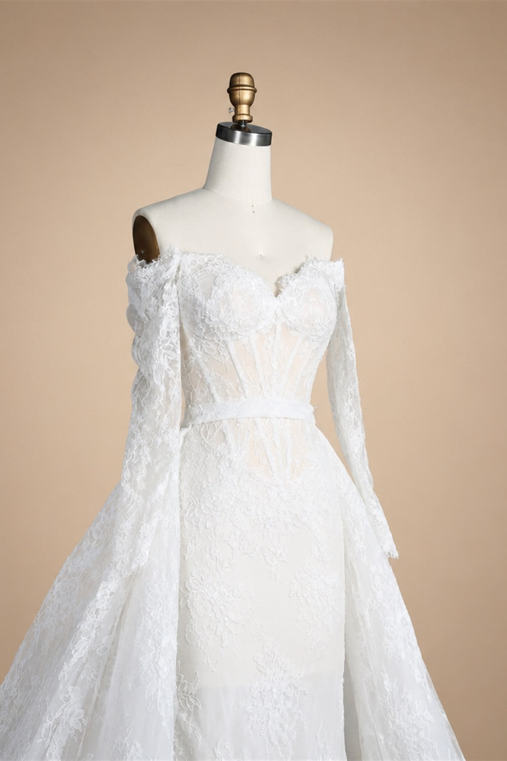 White Lace Mermaid Wedding Dress Off the Shoulder with Detachable Train and Long Sleeves ZP014