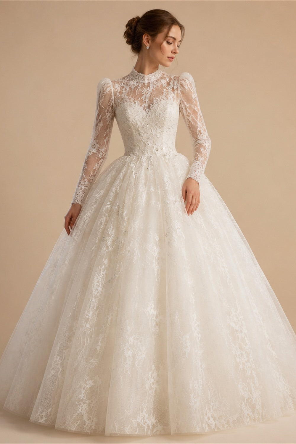 White Lace and Tulle Ball Gown Wedding Dress Off the Shoulder Beaded Bridal Dress ZP013