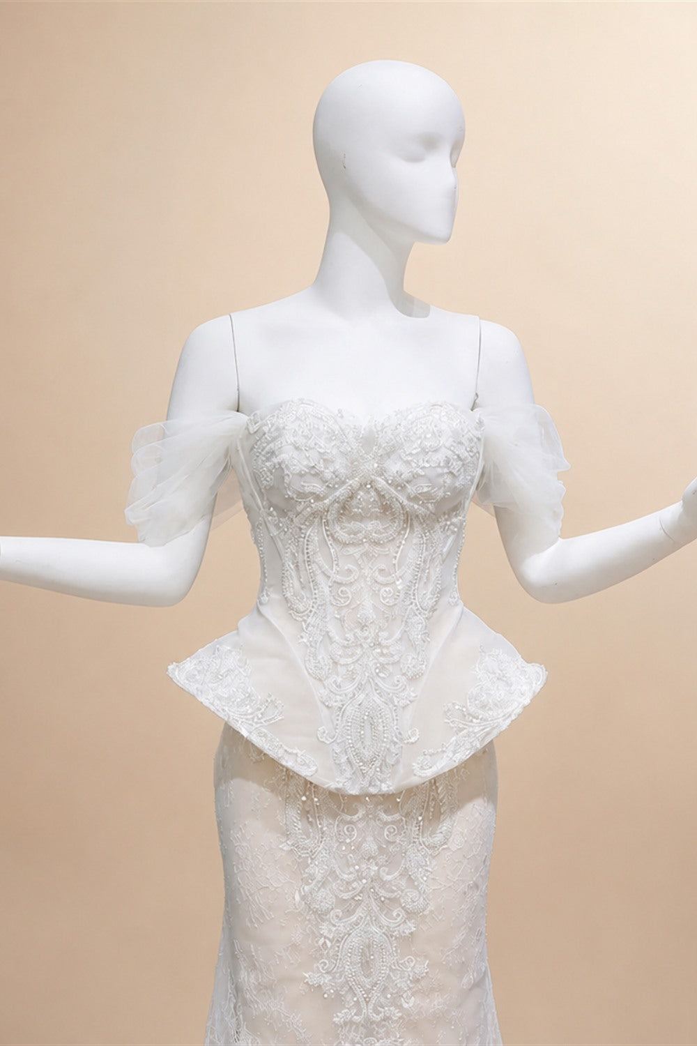Luxury Ivory Off-the-Shoulder Lace Corset Tulle Train Wedding Dress ZP135