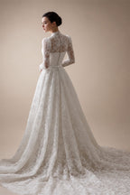 Elegant Printed Lace High Neck Wedding Dress with Train ZP171