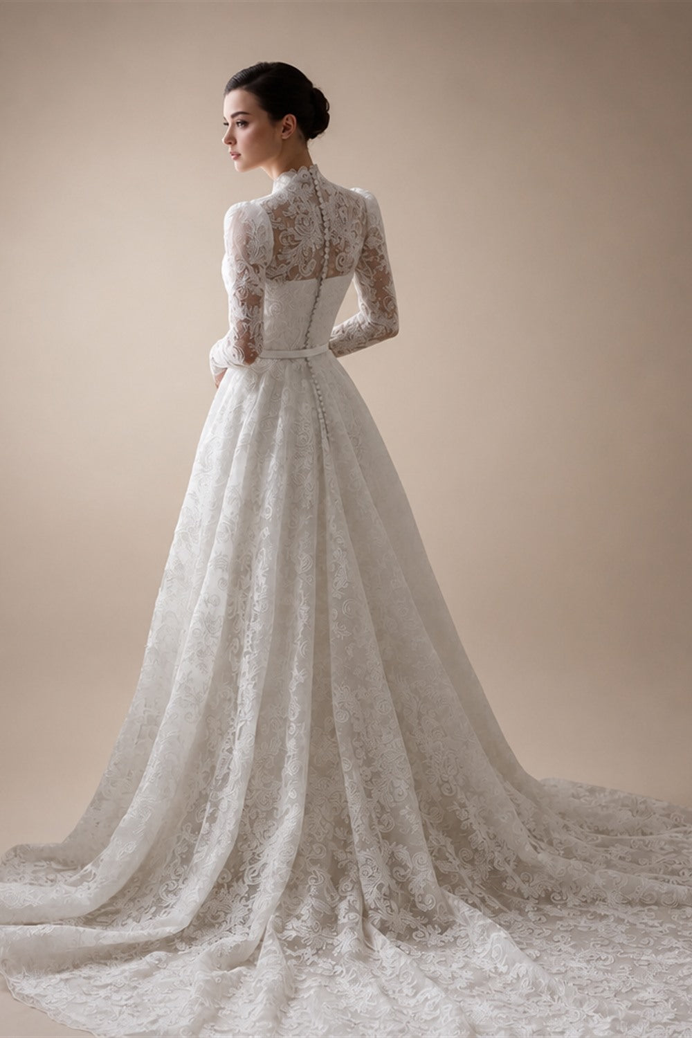 Elegant Printed Lace High Neck Wedding Dress with Train ZP171