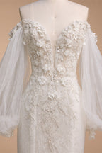 White  Off‑The‑Shoulder Puff Sleeve 3D Floral Mermaid Wedding Dress ZP005