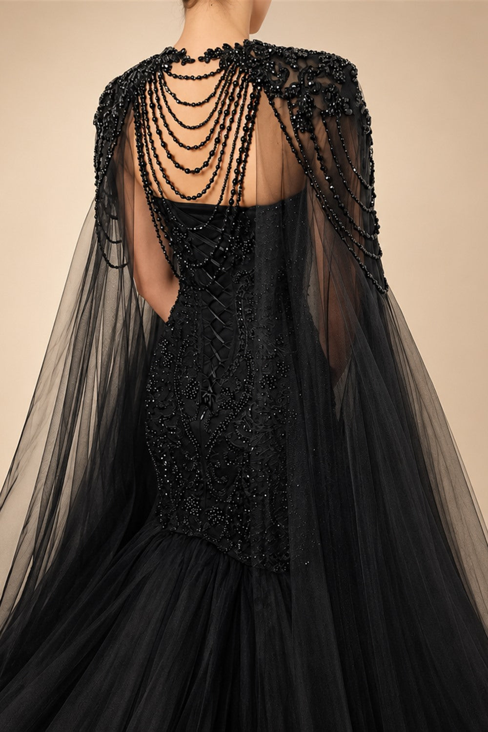 Black Luxury Gothic Wedding Dress Mermaid Beaded Lace Tassel Cape  ZP196