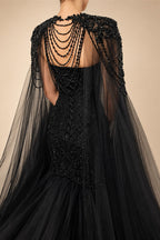 Black Luxury Gothic Wedding Dress Mermaid Beaded Lace Tassel Cape  ZP196