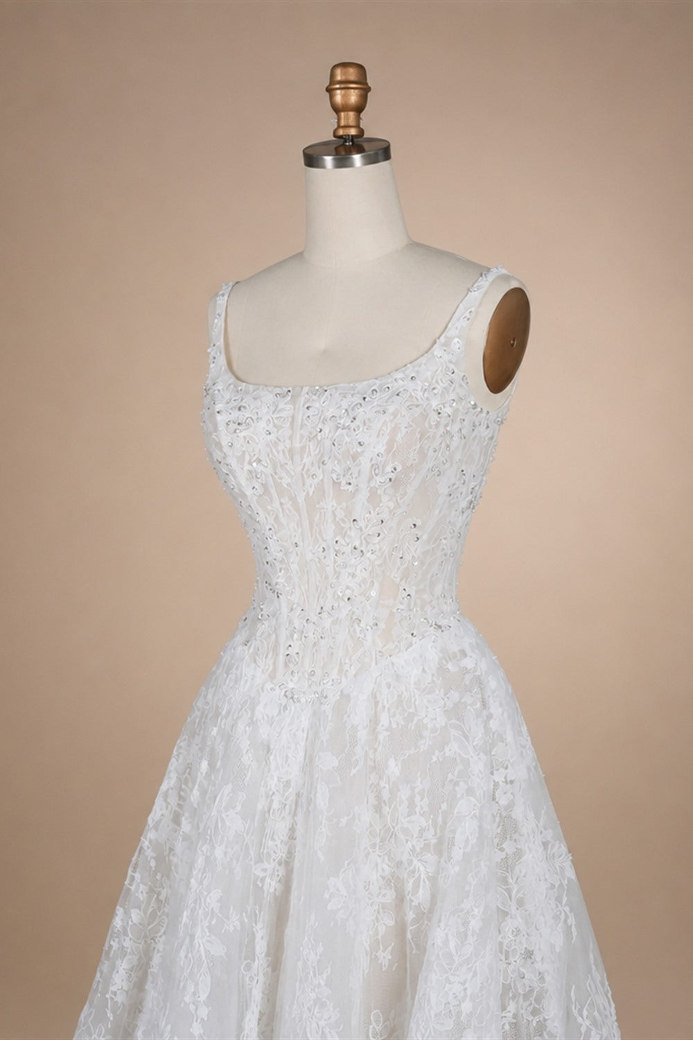 White Lace Spaghetti Strap Bridal Gown Square Neck Beaded Corset Ball Gown ZP012