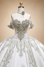 Ivory Luxury Satin Ball Gown with Silver Embroidery Wedding Dress ZP166