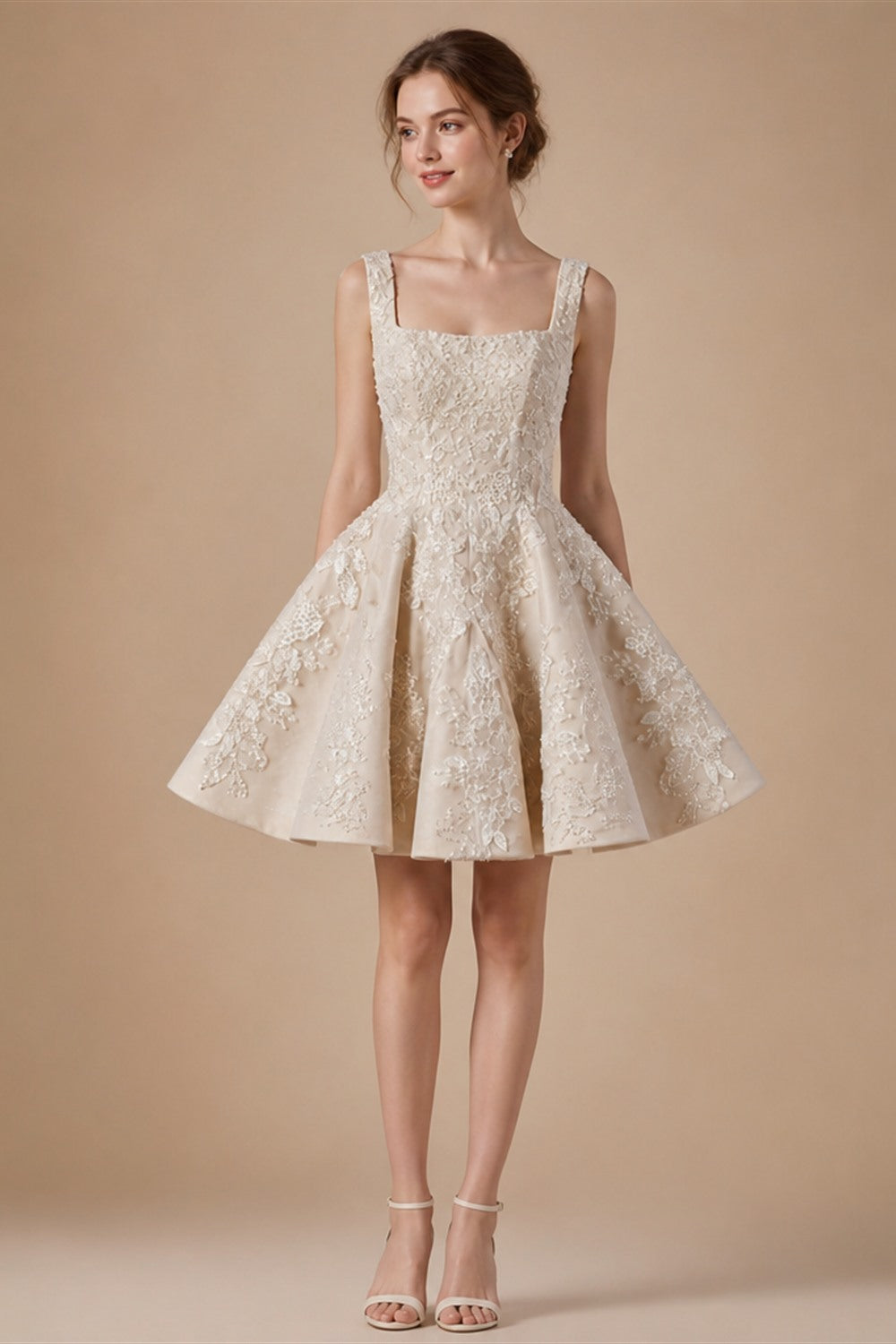 Romantic Champagne Sleeveless A-Line Short Wedding Dress with Deep V Back ZP046