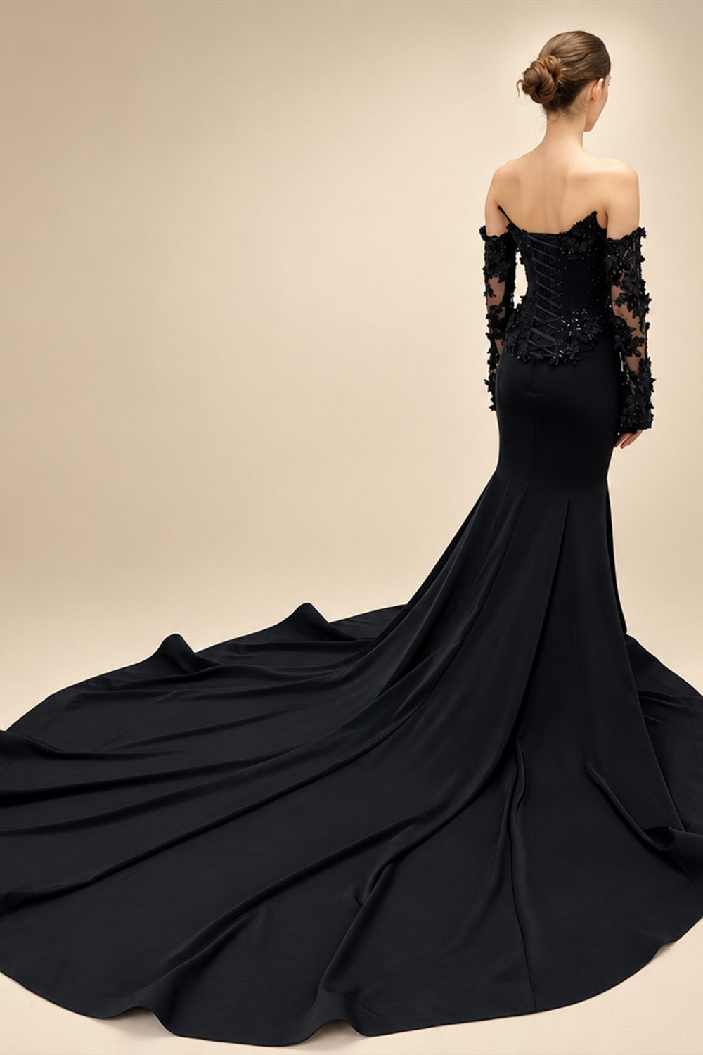 Black Luxury Gothic Wedding Dress Mermaid 3D Floral Lace  ZP195