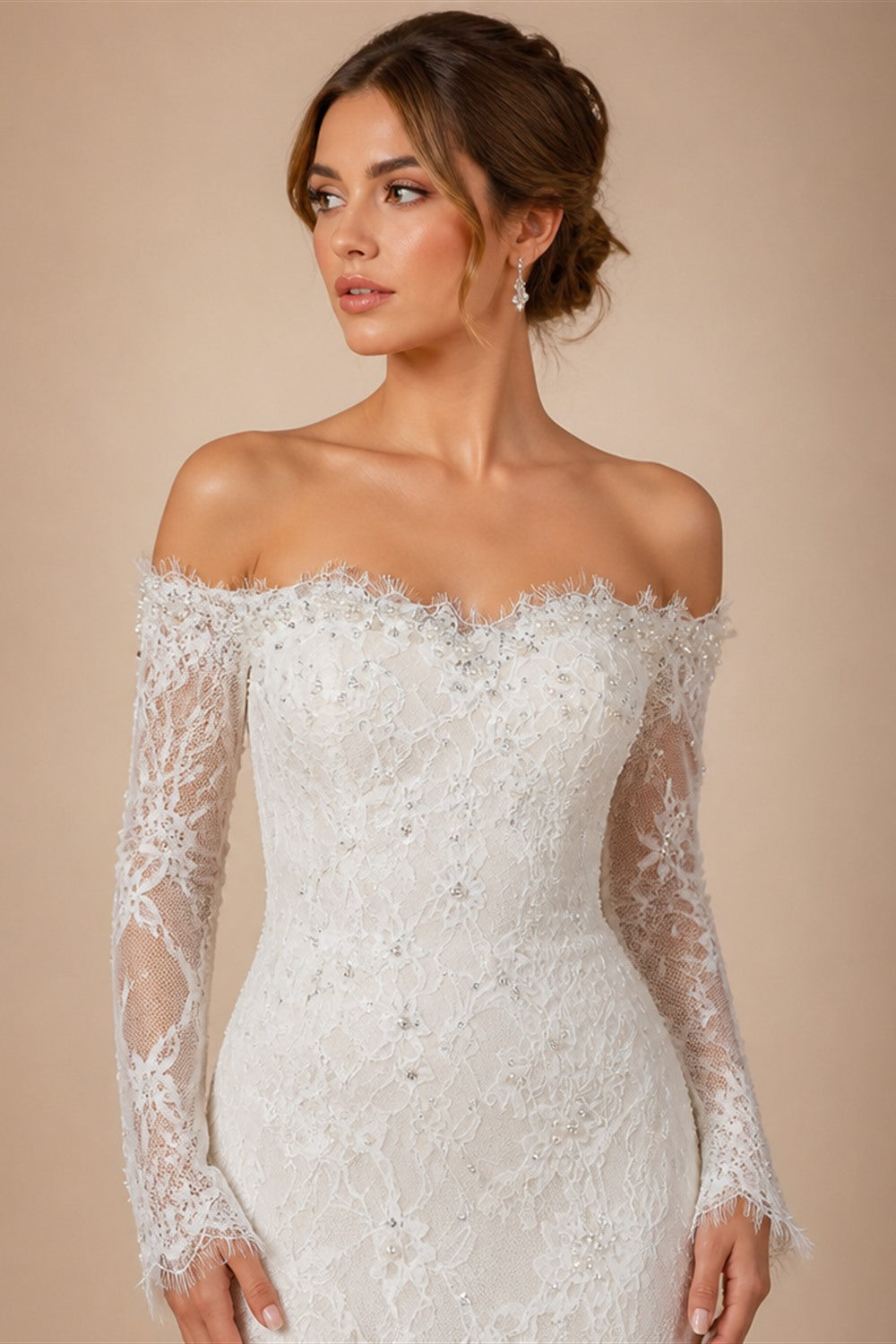 White Lace and Tulle Ball Gown Wedding Dress Off the Shoulder Beaded Bridal Dress ZP013